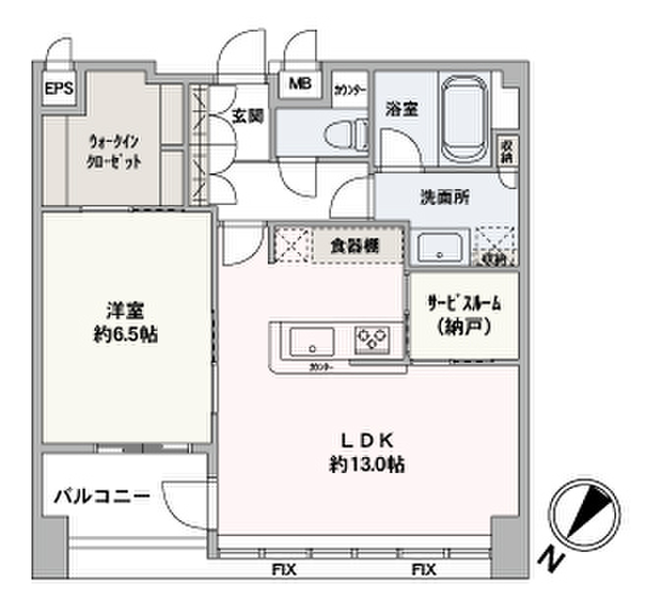 洋室約6.5帖にWICと、リビング横に納戸も備えた収納豊富な間取りです。