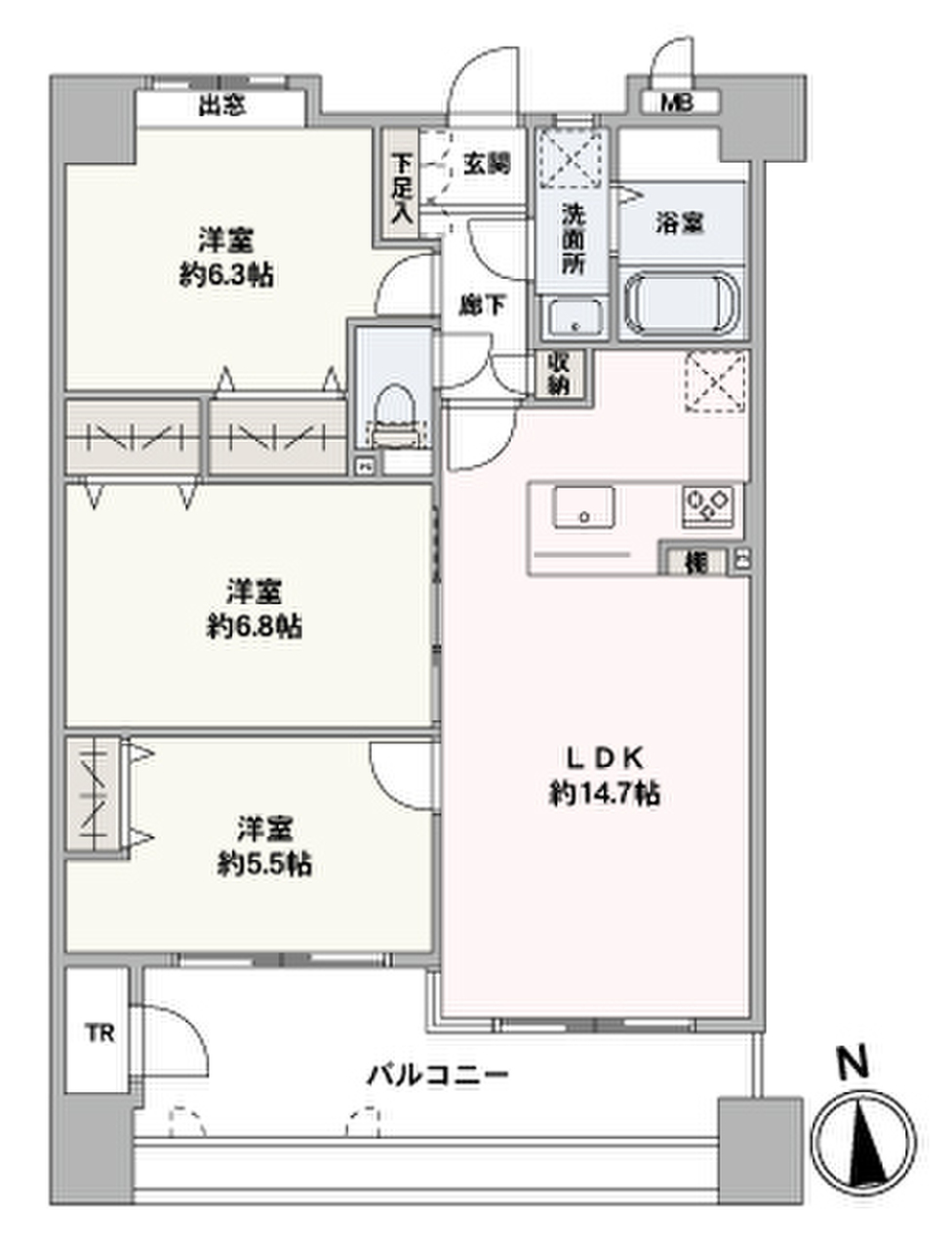 専有面積70.35㎡、バルコニー面積13.75㎡、トランクルーム1.48㎡の3LDK、収納豊富な間取りです。
