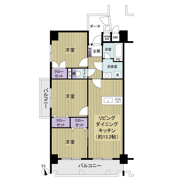 67.63㎡の3LDK　各居室に収納完備