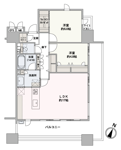 新築時に3LDKから2LDKに間取り変更しており、ゆったりとしたお部屋です。