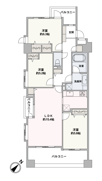 3LDK収納豊富な間取りです。LDKは合わせて約15.4帖。南東・北西の2面バルコニー付きで、明るく風通しのよい室内です。