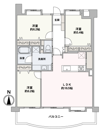 家族が集まるLDKは16.5帖のゆとりある空間。全居室に収納を設けた、機能的な3LDKの間取りです。