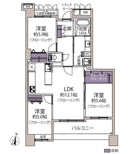 南向きの明るい陽光が差し込む住まい。LDKに隣接する約5.6帖の洋室の引き戸を開放すると約17.7帖の広々空間になります。WICをはじめ、随所に収納スペースが備わっています。