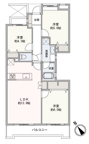 専有面積65.99㎡（約19.96坪）の3LDKのお部屋です。