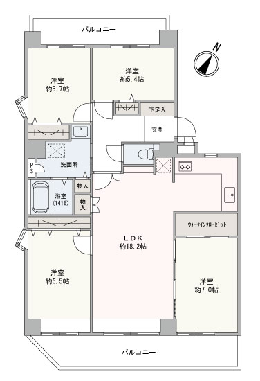 専有面積９３．８５㎡４ＬＤＫの広さです。ＬＤＫは約18.2帖あります。