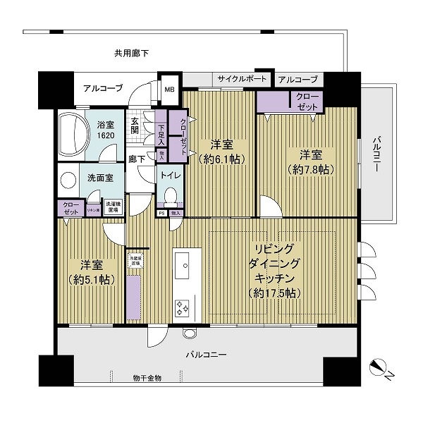 専有面積76.25㎡、3LDKの角部屋住戸