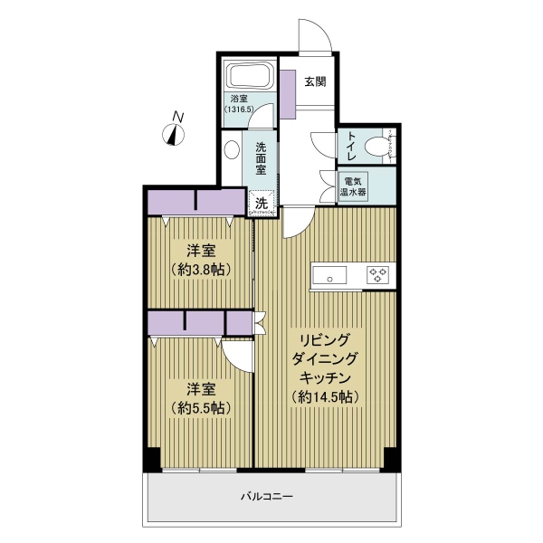 56.72㎡の2LDK　南東向きの陽当りの良いお部屋です