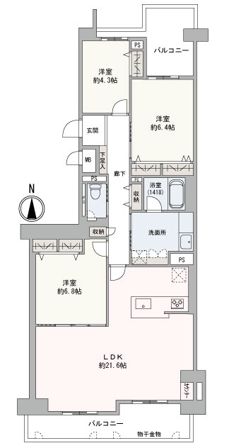 専有面積94.47㎡（約28.57坪）の3LDKのお部屋です。