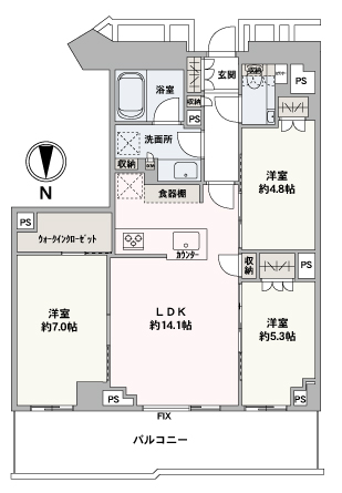 3LDK、全居室に収納があります。