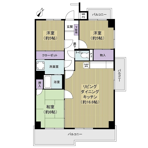 73.49㎡の3LDK。三面バルコニーの角部屋です。