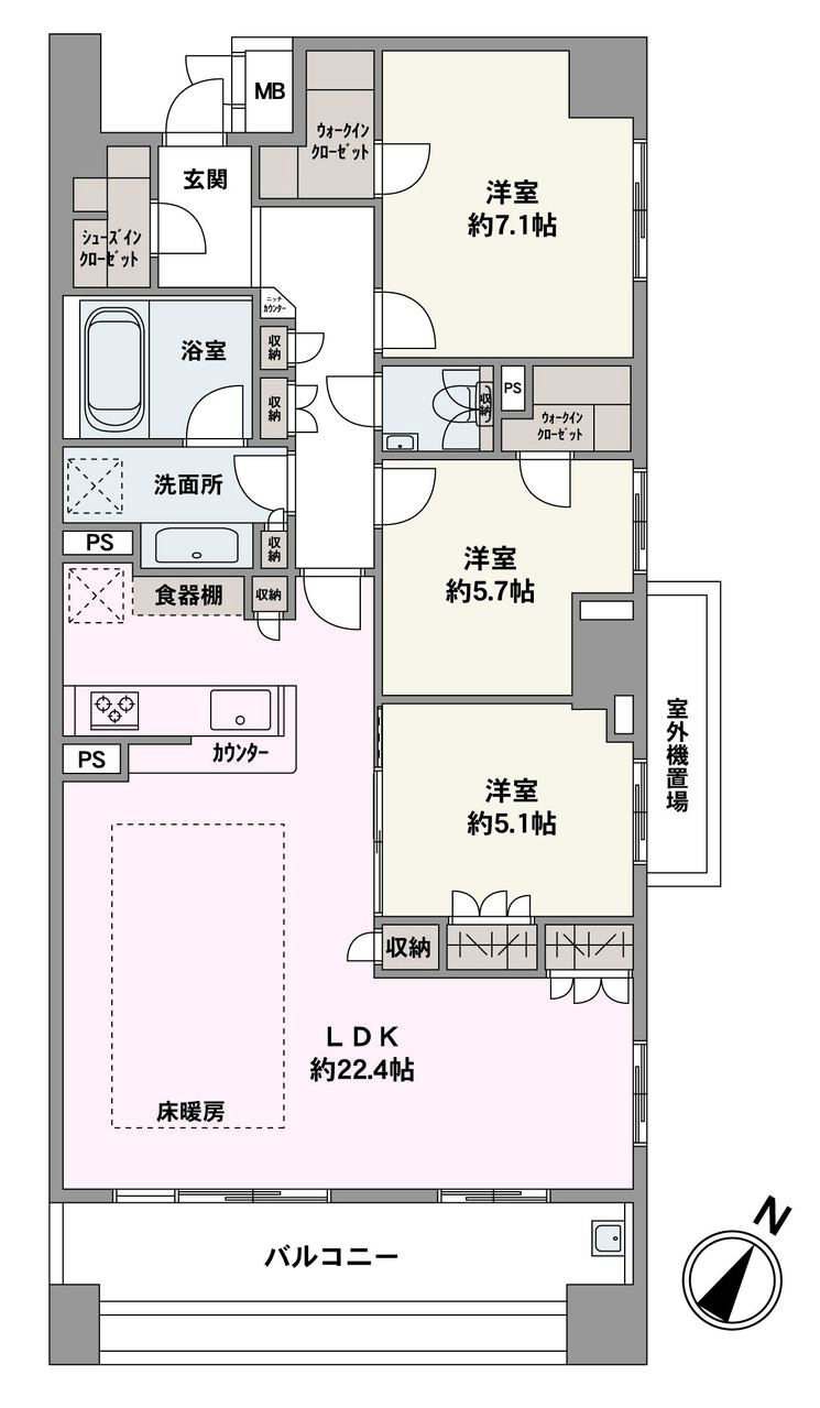 LDKは22.4帖と広く、床暖房付き。