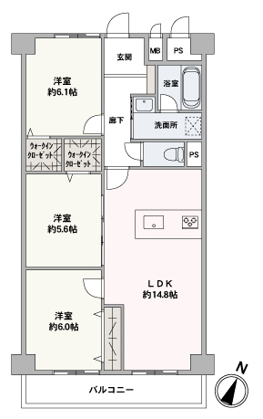 専有面積74.34㎡とゆとりある3LDKです。2019年2月に内装リフォーム済み！