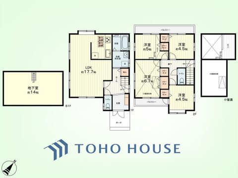 4LDK+ロフト・小屋裏収納・地下室　建物面積92.34平米、土地面積106.80平米