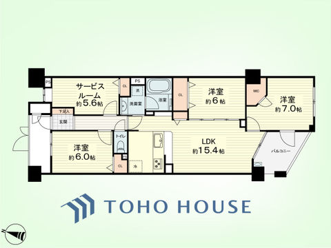 3SLDK　専有面積84.33平米、バルコニー面積6.5平米
