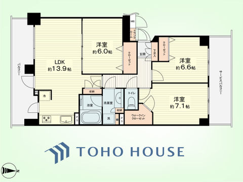 3LDK+TR　専有面積72.71平米、バルコニー面積19.17平米