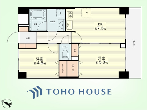 2DK　専有面積44.49平米、バルコニー面積6.26平米