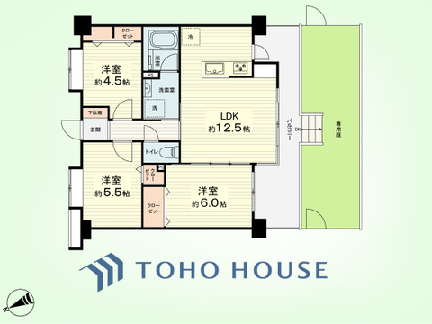 3LDK　専有面積62.15平米、バルコニー面積12.55平米、専用庭面積20.83平米