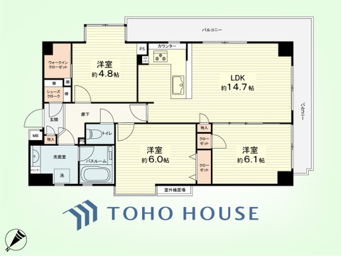3LDK　専有面積73.68平米、バルコニー面積16.41平米
