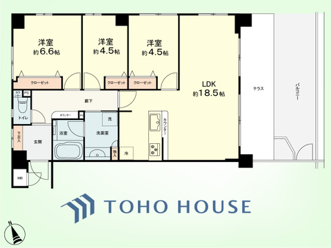 3LDK　専有面積77.84平米、バルコニー面積11.2平米、専用庭面積22.28平米