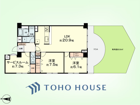 2SLDK　専有面積88.30平米、テラス面積15.72平米、専用庭面積15.72平米