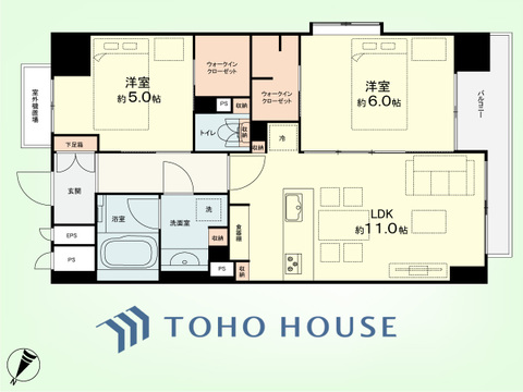 2LDK　専有面積54.54平米、バルコニー面積4.95平米
