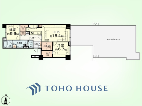2SLDK　専有面積74.45平米、ルーフバルコニー面積78.97平米
