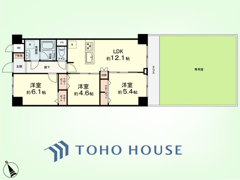 3LDK　専有面積62.72平米、テラス面積5.6平米、専用庭面積38.03平米