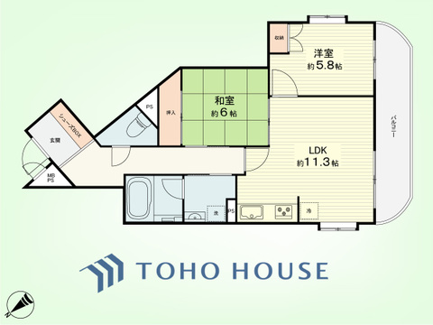 2LDK　専有面積58.94平米、バルコニー面積9.97平米