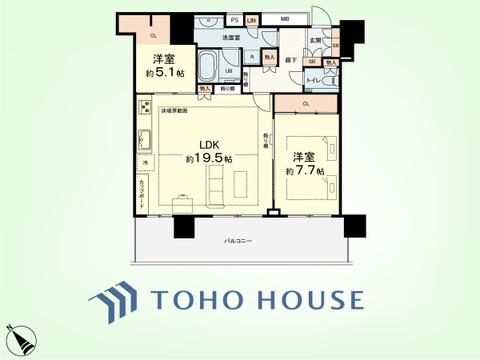 2LDK　専有面積77.56平米、バルコニー面積17.64平米