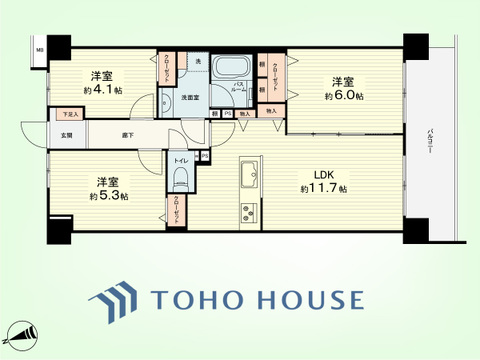 3LDK　専有面積61.11平米、バルコニー面積9.44平米