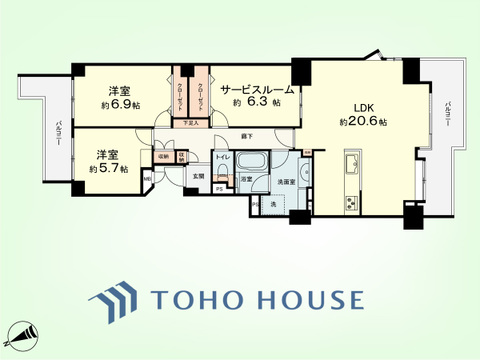 2SLDK　専有面積89.41平米、バルコニー面積14.85平米