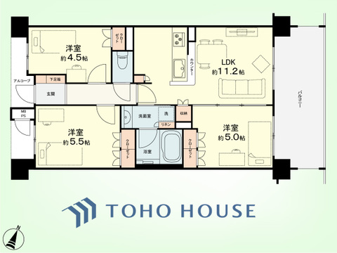 3LDK　専有面積57.16平米、バルコニー面積11.8平米