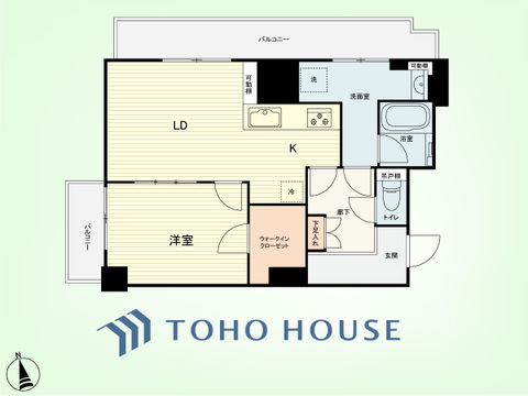 1LDK　専有面積44.66平米、バルコニー面積9.87平米