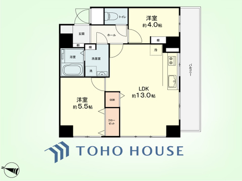 2LDK　専有面積50.93平米、バルコニー面積8.66平米