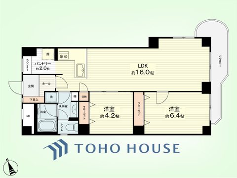 2LDK　専有面積59.79平米、バルコニー面積5.65平米