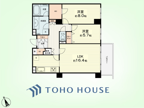 2LDK　専有面積78.26平米、バルコニー面積7.22平米