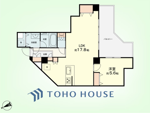 1LDK　専有面積52.22平米、バルコニー面積10.16平米