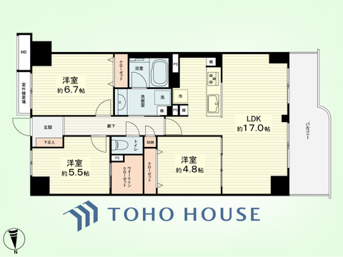 3LDK　専有面積75.4平米、バルコニー面積10.39平米