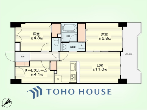 2SLDK　専有面積56.99平米、バルコニー面積8.87平米