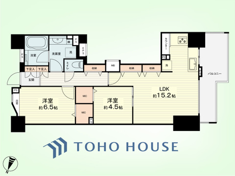 2LDK　専有面積64.43平米、バルコニー面積10.08平米