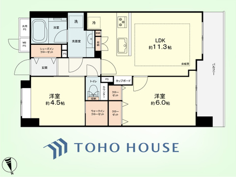 2LDK　専有面積52.95平米、バルコニー面積7.65平米