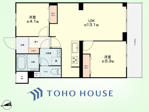 2LDK　専有面積49.30平米、バルコニー面積6.96平米
