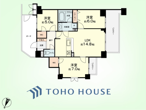3LDK　専有面積71.12平米、バルコニー面積12.74平米