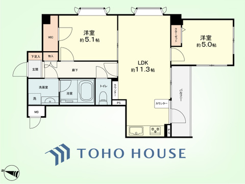 2LDK　専有面積51.53平米、バルコニー面積3.90平米
