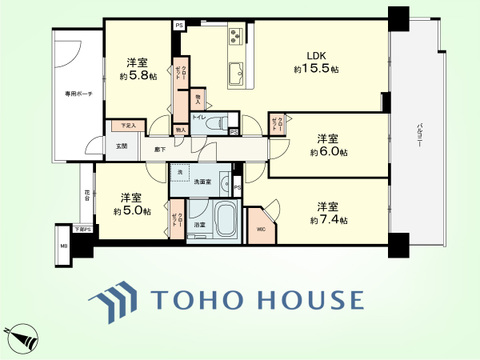 4LDK　専有面積85.71平米、バルコニー面積16.40平米