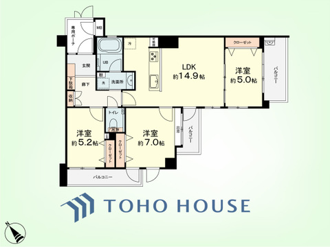 3LDK　専有面積72.37平米、バルコニー面積14.15平米