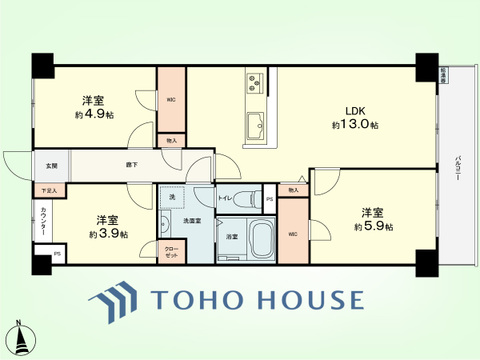 3LDK　専有面積63.56平米、バルコニー面積6.16平米