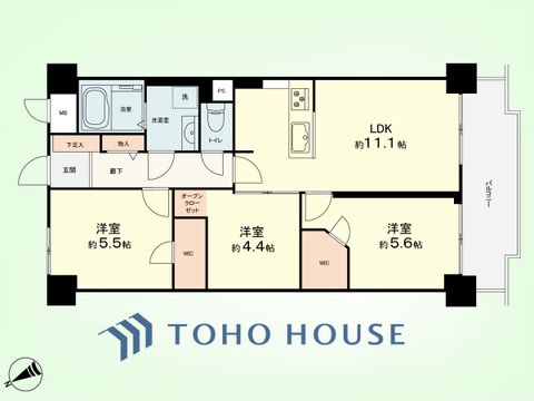 3LDK　専有面積61.04平米、バルコニー面積7.86平米