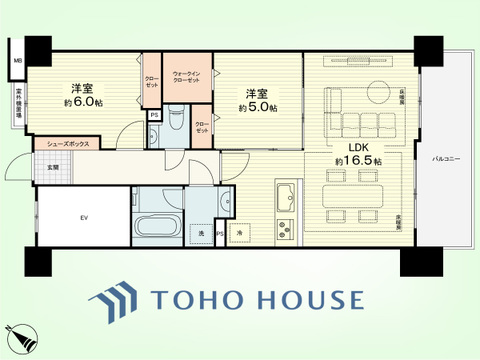 2LDK　専有面積63.83平米、バルコニー面積9.45平米