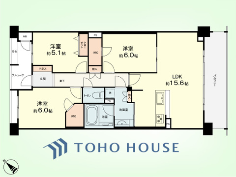 3LDK　専有面積74.70平米、バルコニー面積9.60平米
